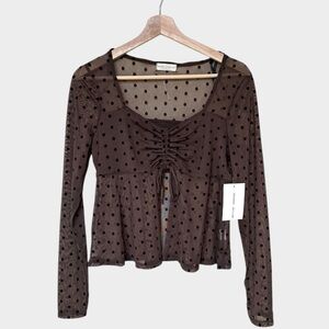 Sheer Polka Dot Mesh Top Brown Ruched Coquette Whimsigoth Fairy